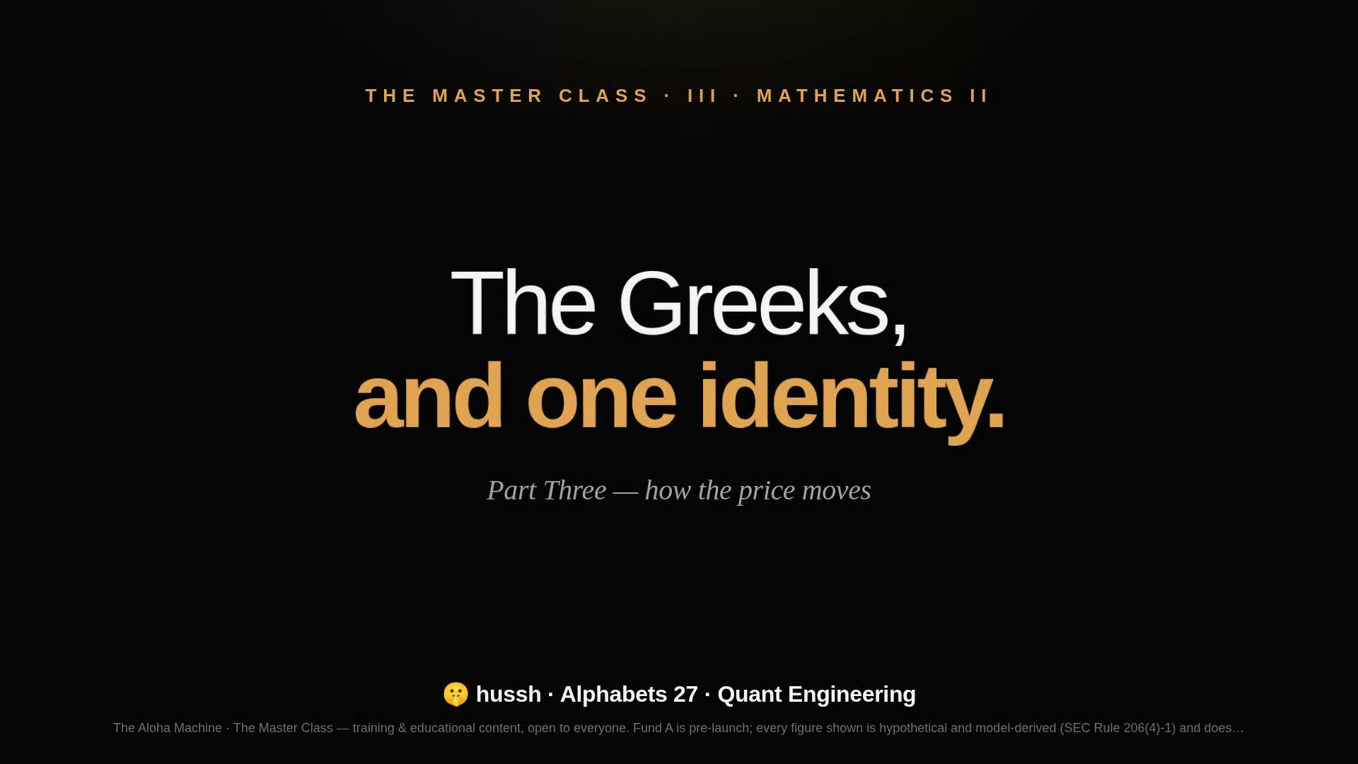 The Master Class · Part III — Mathematics II: The Greeks, the Star Identity, Implied Vol